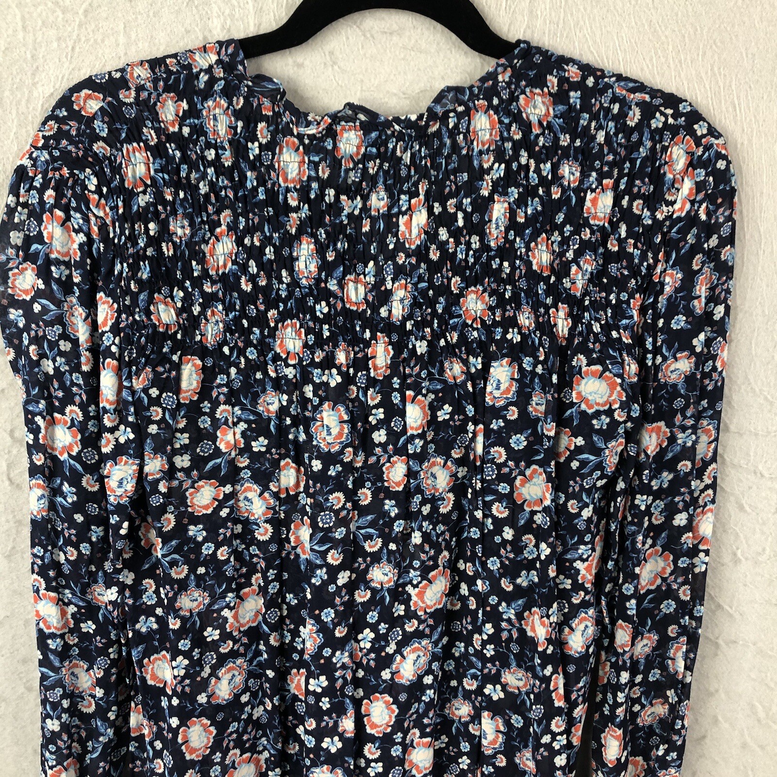 Dear John Top Womens Medium Blue Floral Sheer Smocked Flowy Boho Peasant Cottage
