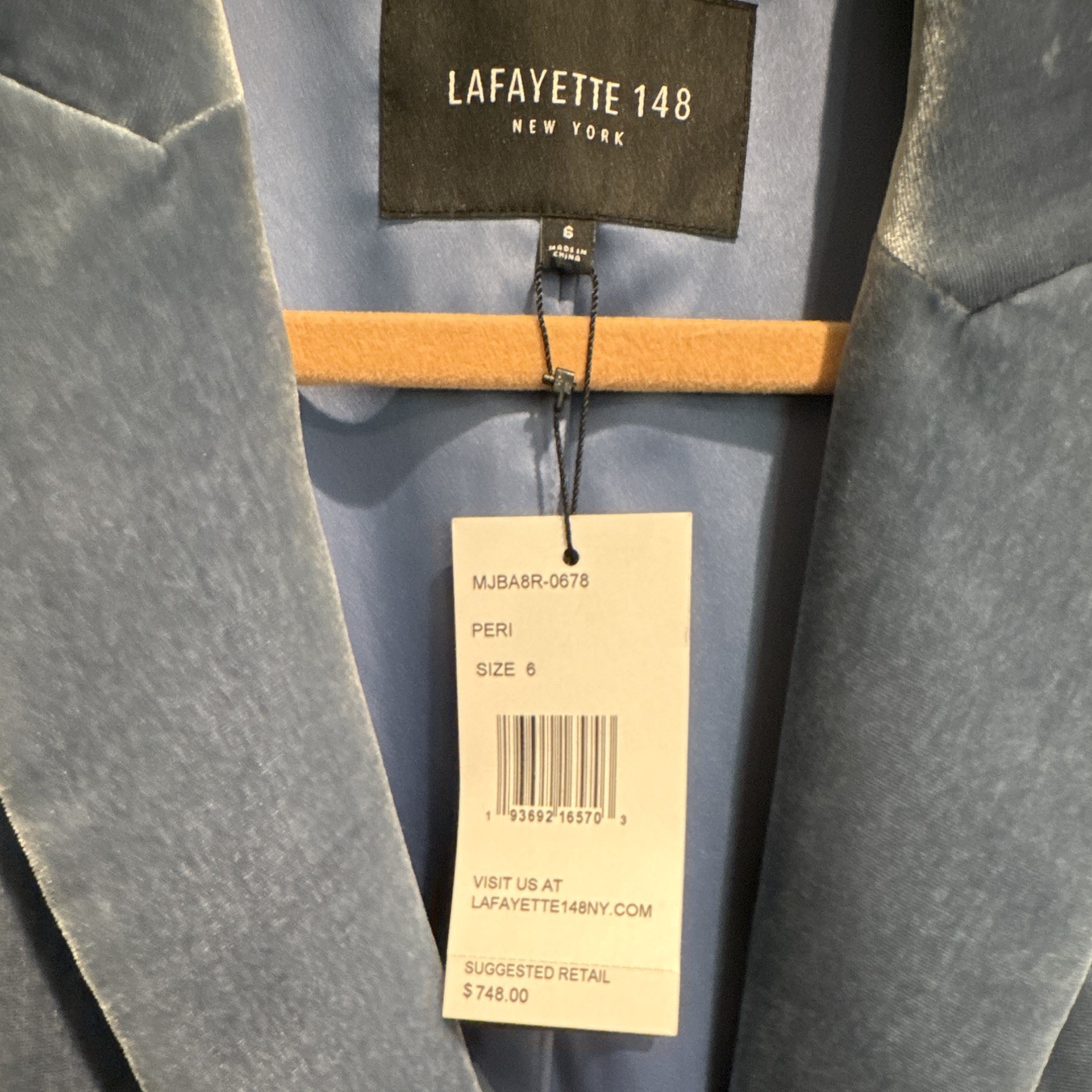 Lafayette 148 New York Peri Blue Velvet Double Breasted Blazer Sz 6 NWT $748