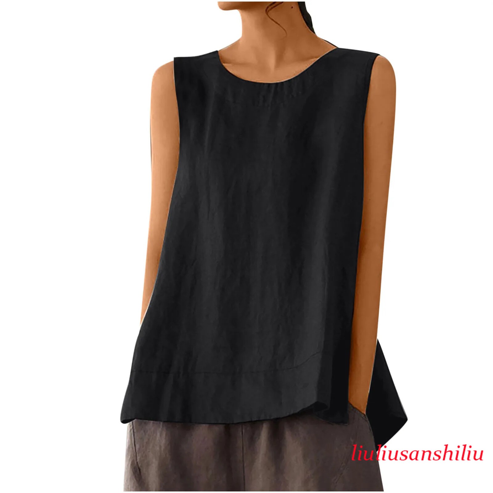 Solid Color Casual Cotton Linen Sleeveless Round Neck Soft and Breathable Top