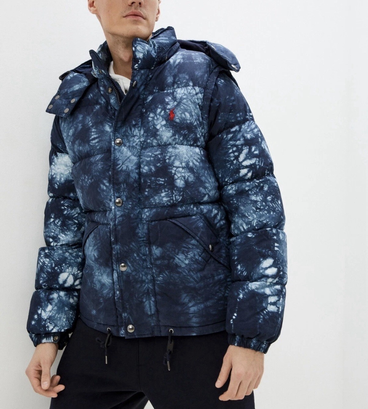 Polo Ralph Lauren Mens Convertible Tie-Dye Down Jacket Vest Hood Blue LARGE NEW