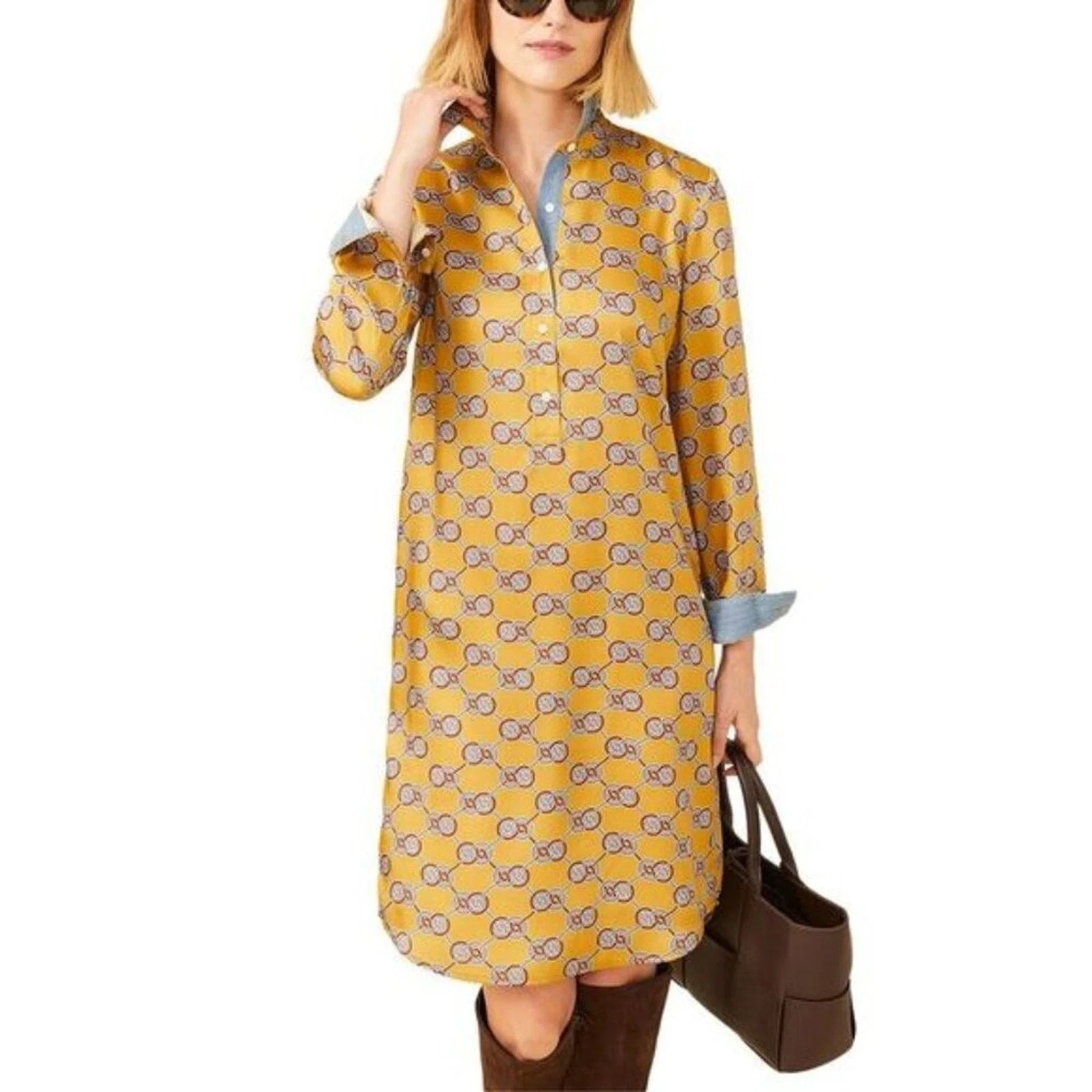 J. McLaughlin Amara Shirt Dress Sz L Golden Ochre Heraldic Knot