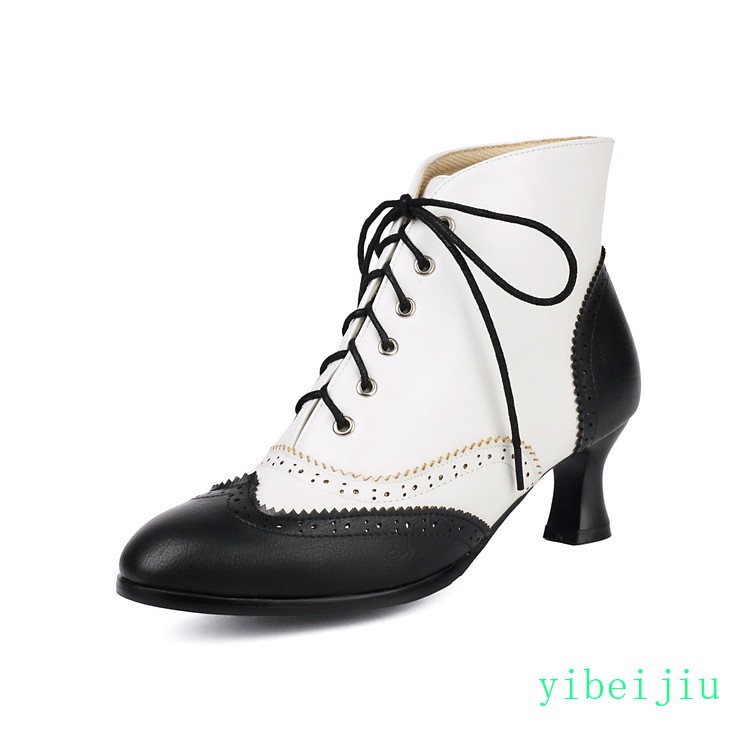 Women Mid Kitten Heel Colorblock Ankle Boots Wing Tip Two Tone Leather Shoes NEW