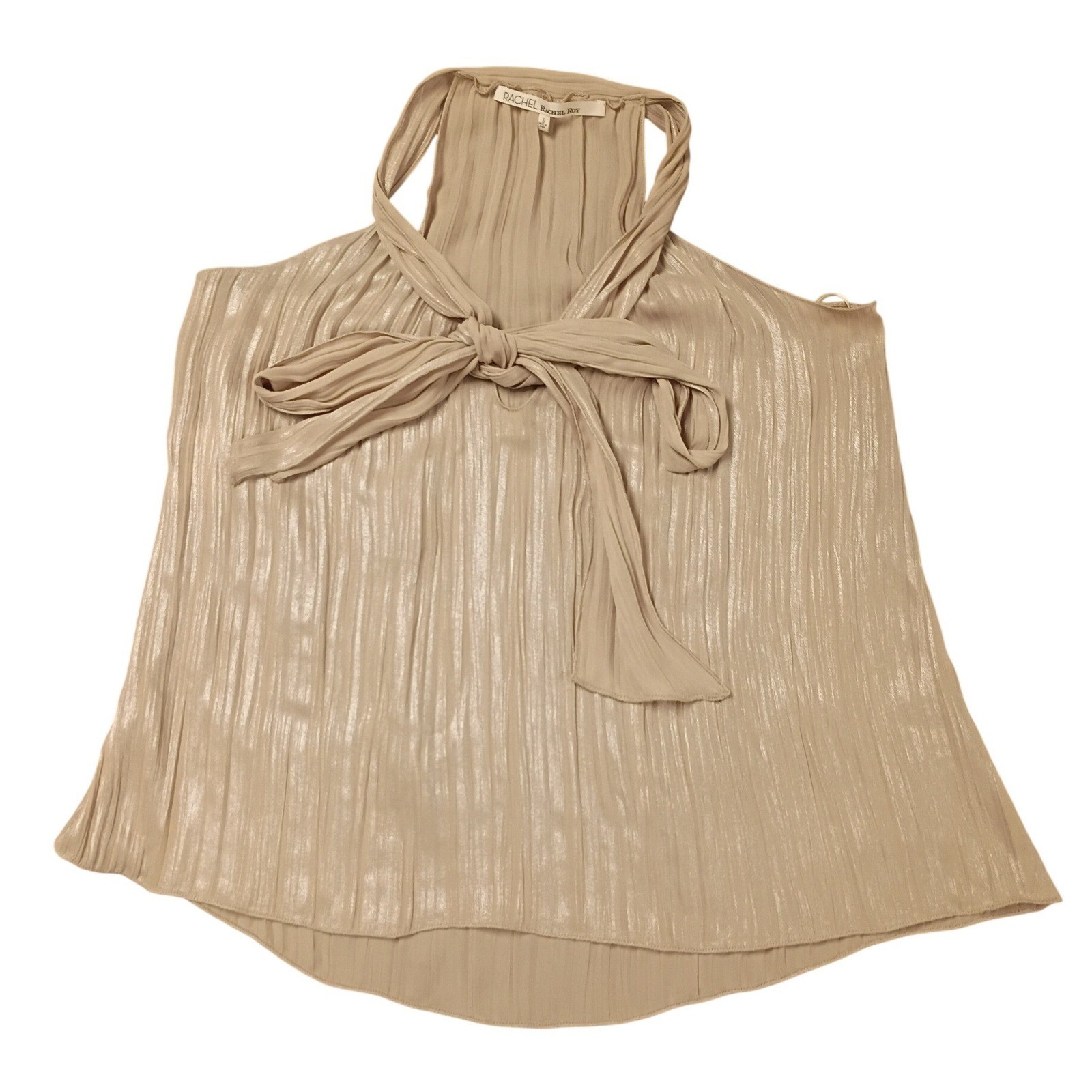 Rachel Rachel Roy Halter Top Womens Small Beige Pleated Shimmer Bow Tie Blouse