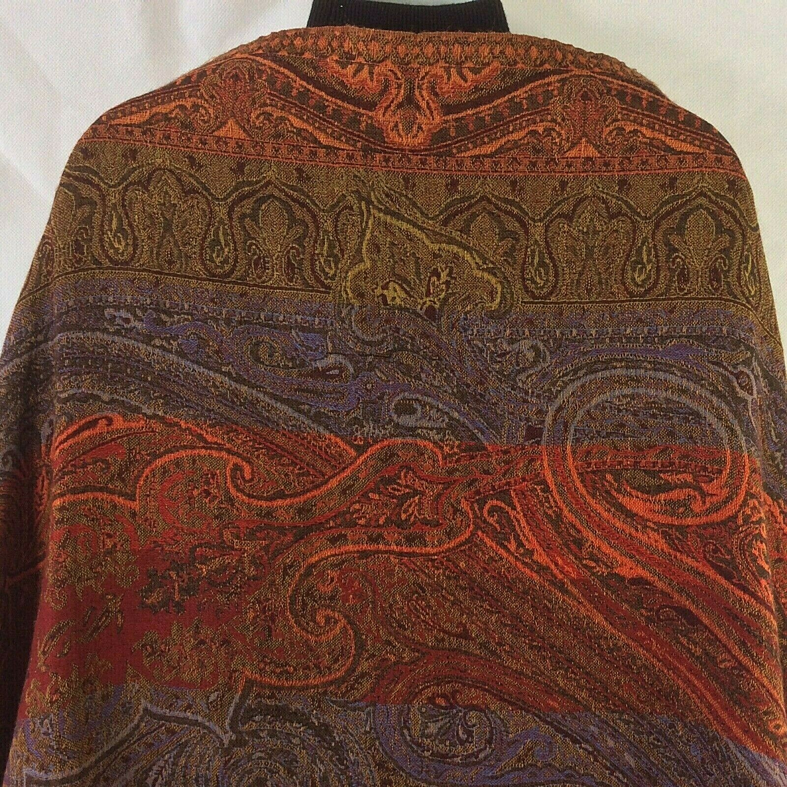 SCARF THROW WRAP RUNNER 100% WOOL 72″X28″ TASSELS PAISLEY DESIGN FABRIC TAG