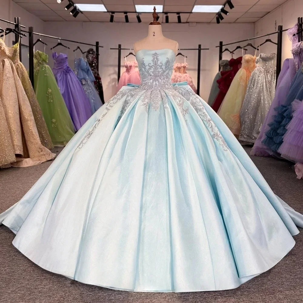 Strapless Sky Blue Satin Ball Gown Rhinestone Wedding Dresses Bow Prom Gown