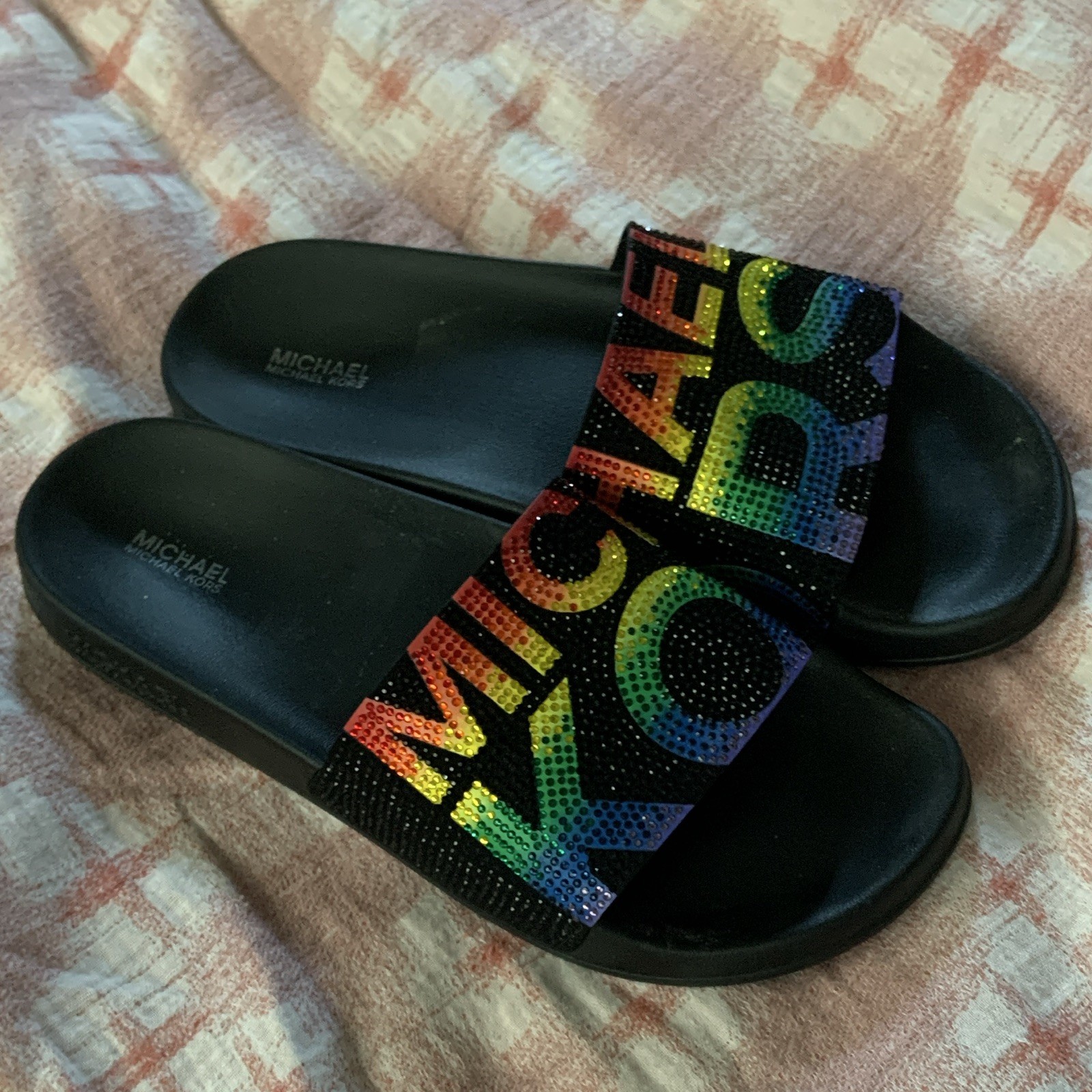 Rainbow Michael Kors Women’s Slide Sandals Black/Multi Logo Rhinestone size 9/10