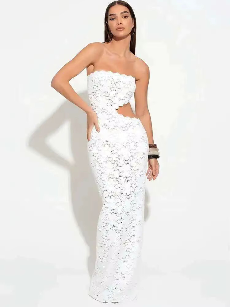 Women’s Backless Sexy Off-Shoulder Maxi Dress – Lace Strapless Hollow Out Club