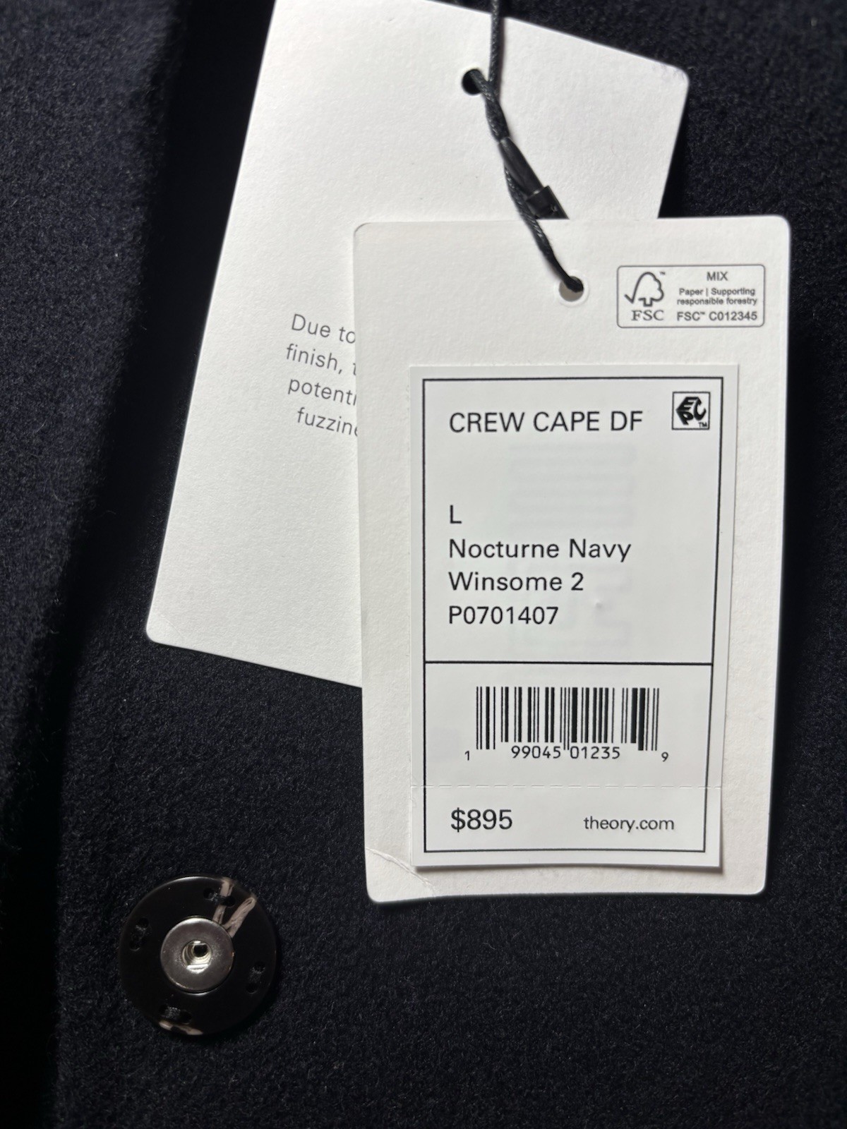 $895 Theory L Large Crew Cape Back Coat Navy Wool Cashmere Winsome 2 Overcoat