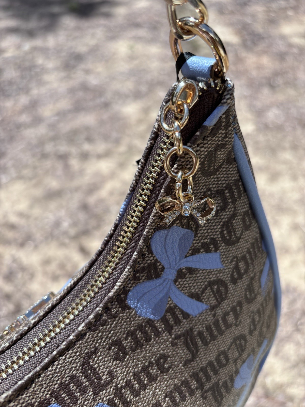 Juicy Couture Brown/Blue Logo Bow Print Small Shoulder Bag Chain Strap Zip Charm