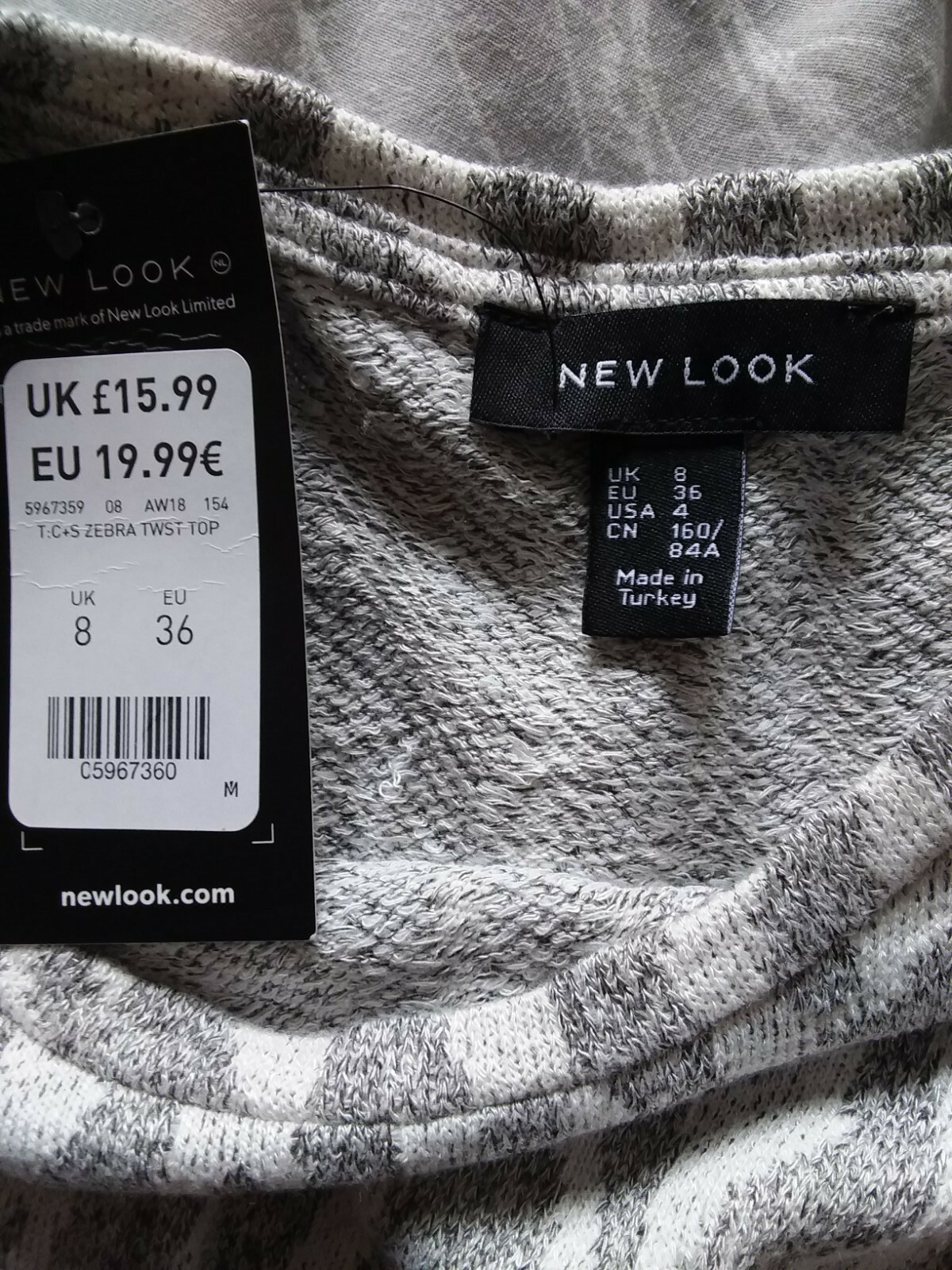 BNWT WOMANS ZEBRA TWIST TOP GREY SIZE 8uk TAGS