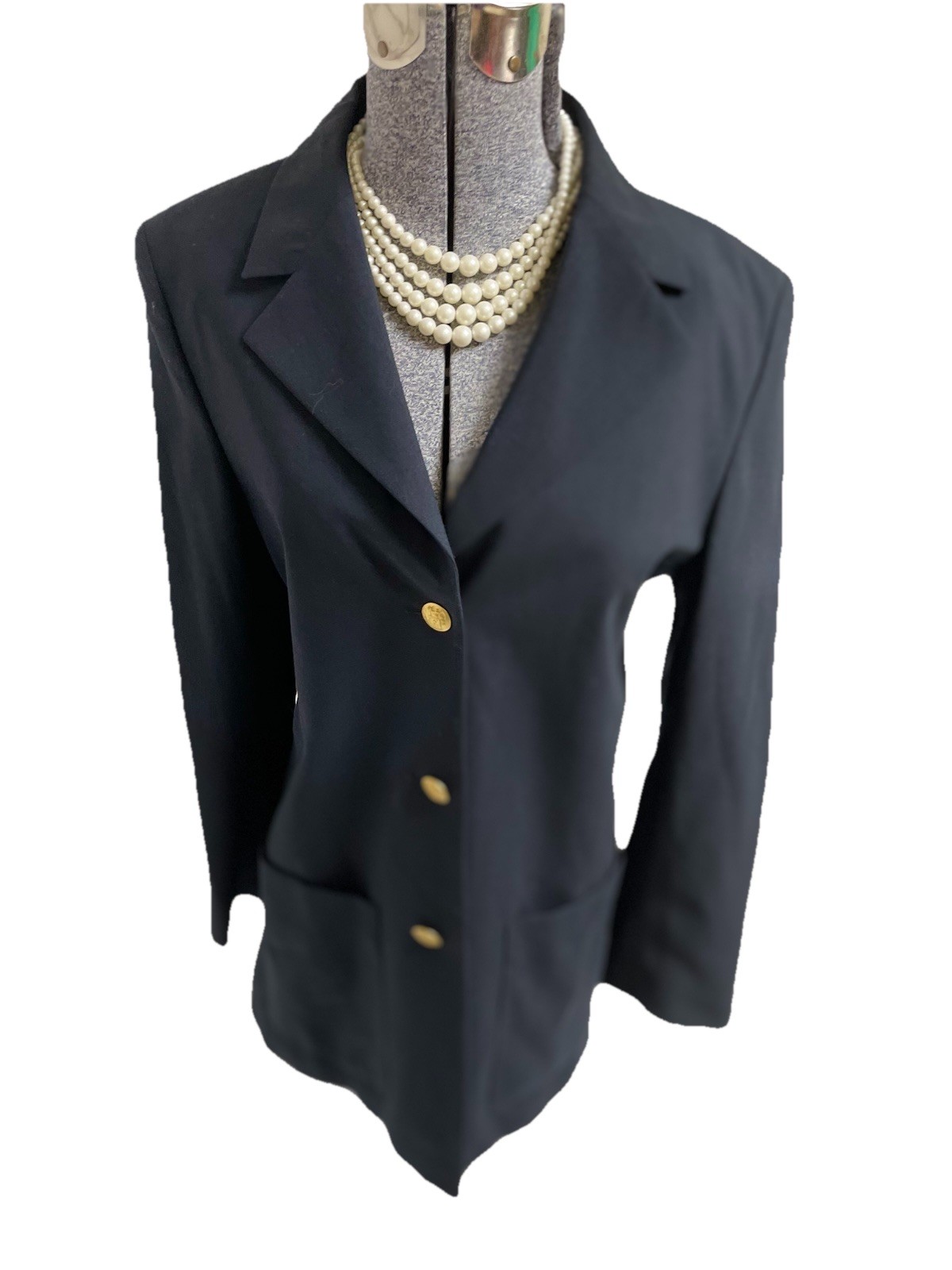 Escada Blazer 38 Fits 12 Italian Made Lightweight Wool Navy Gold Buttons Jacket