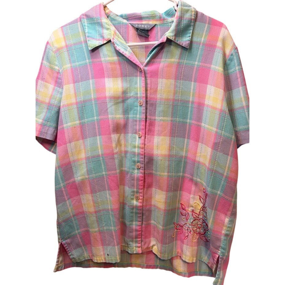 Koret Womens Pastel Plaid Short Sleeve Button Up Shirt Floral Embroidery Pink M