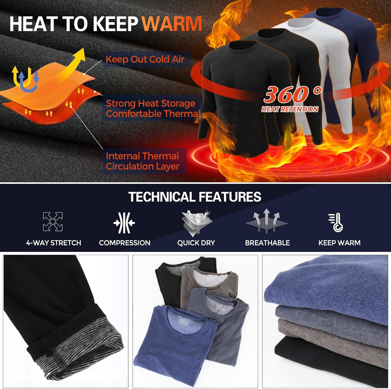 Men Fleece Lined Thermal Underwear Set Warm Soft Fit Long Johns Tops and Pants
