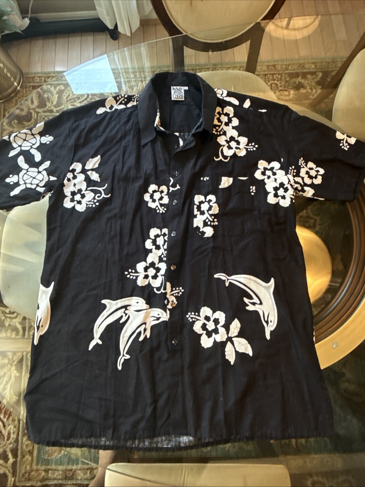 Cabali Hawaiian Shirt Mens XXL Black And White Short Sleeve Dolphins & Floral