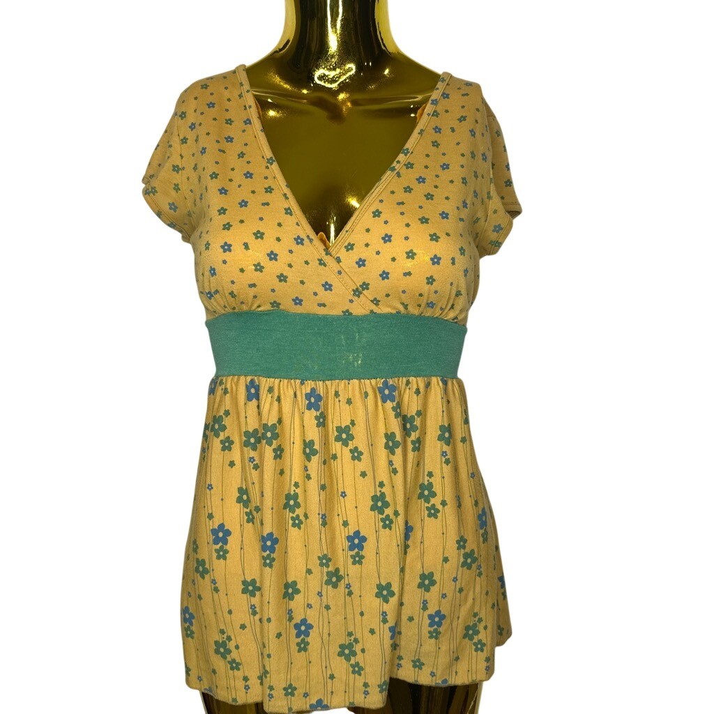 Vintage Y2k Milkmaid Floral Empire Waist Yellow Green V-Neck Size USA MEDIUM