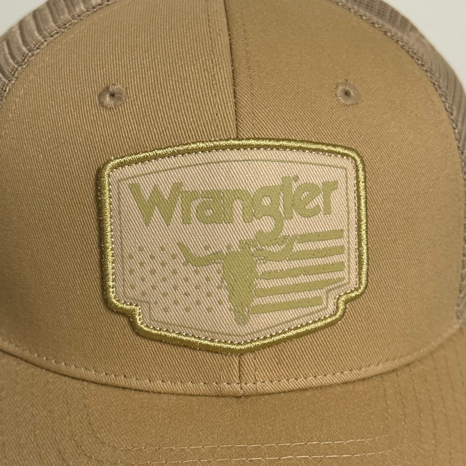 Wrangler Snapback Trucker Hat Beige Adjustable Cap Skull/Flag Logo Patch NEW!