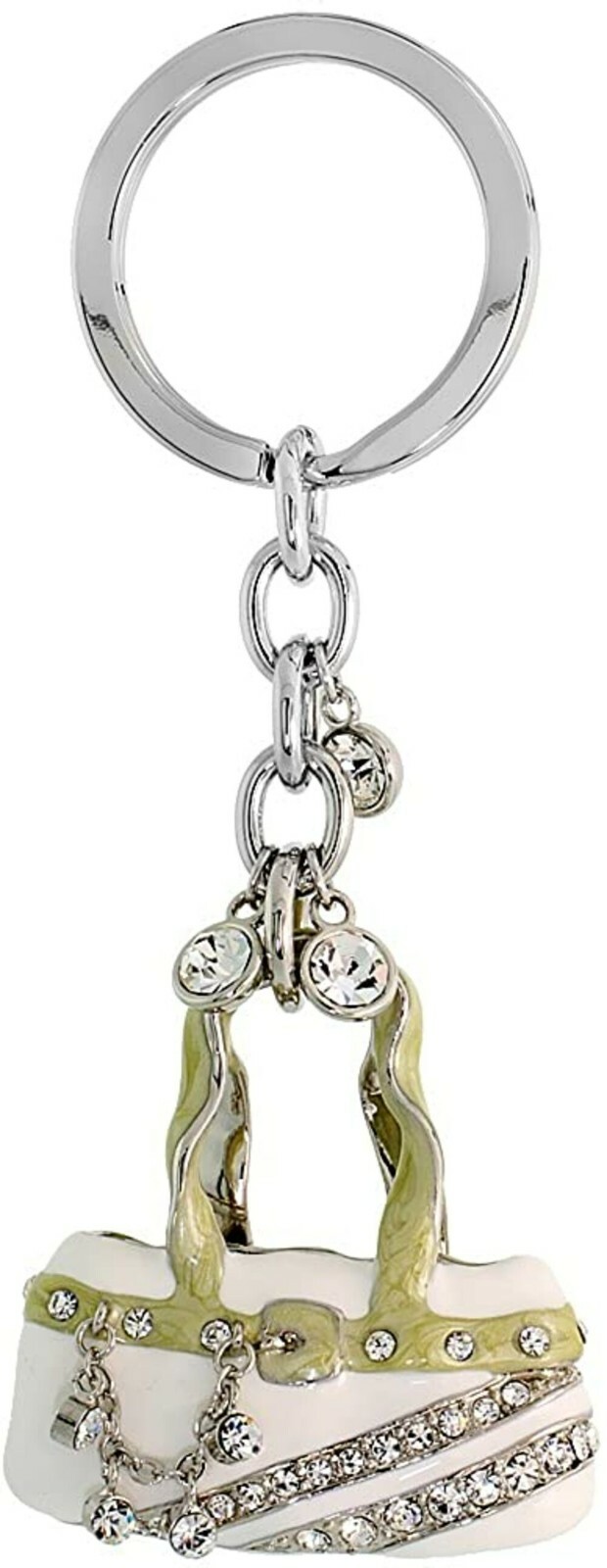 White Purse Handbag Key Chain Crystal Key Ring 4 inches Long 33mm Round
