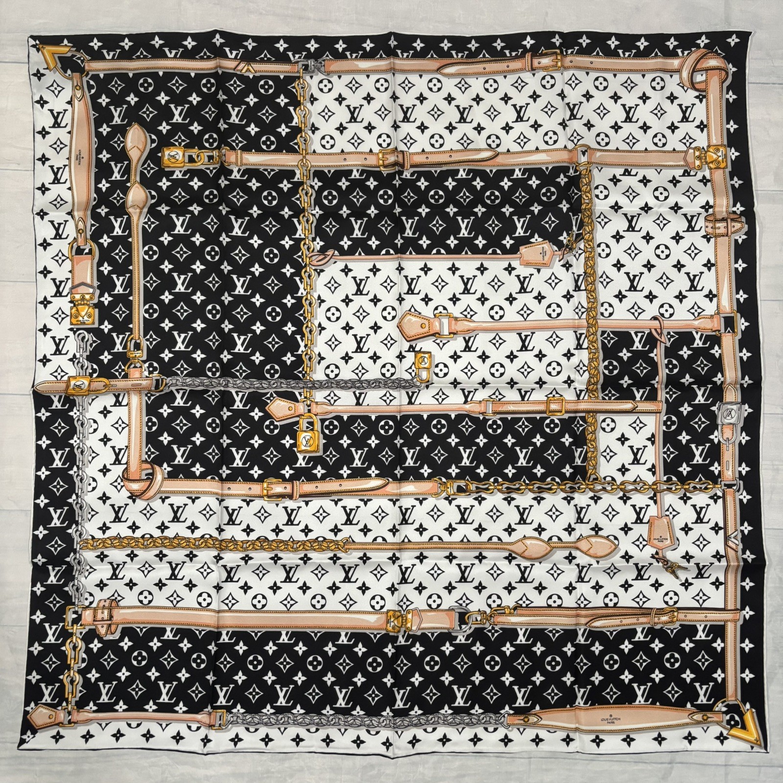 Louis Vuitton Monogram Silk Scarf Black White Chain Belt Print Square LV