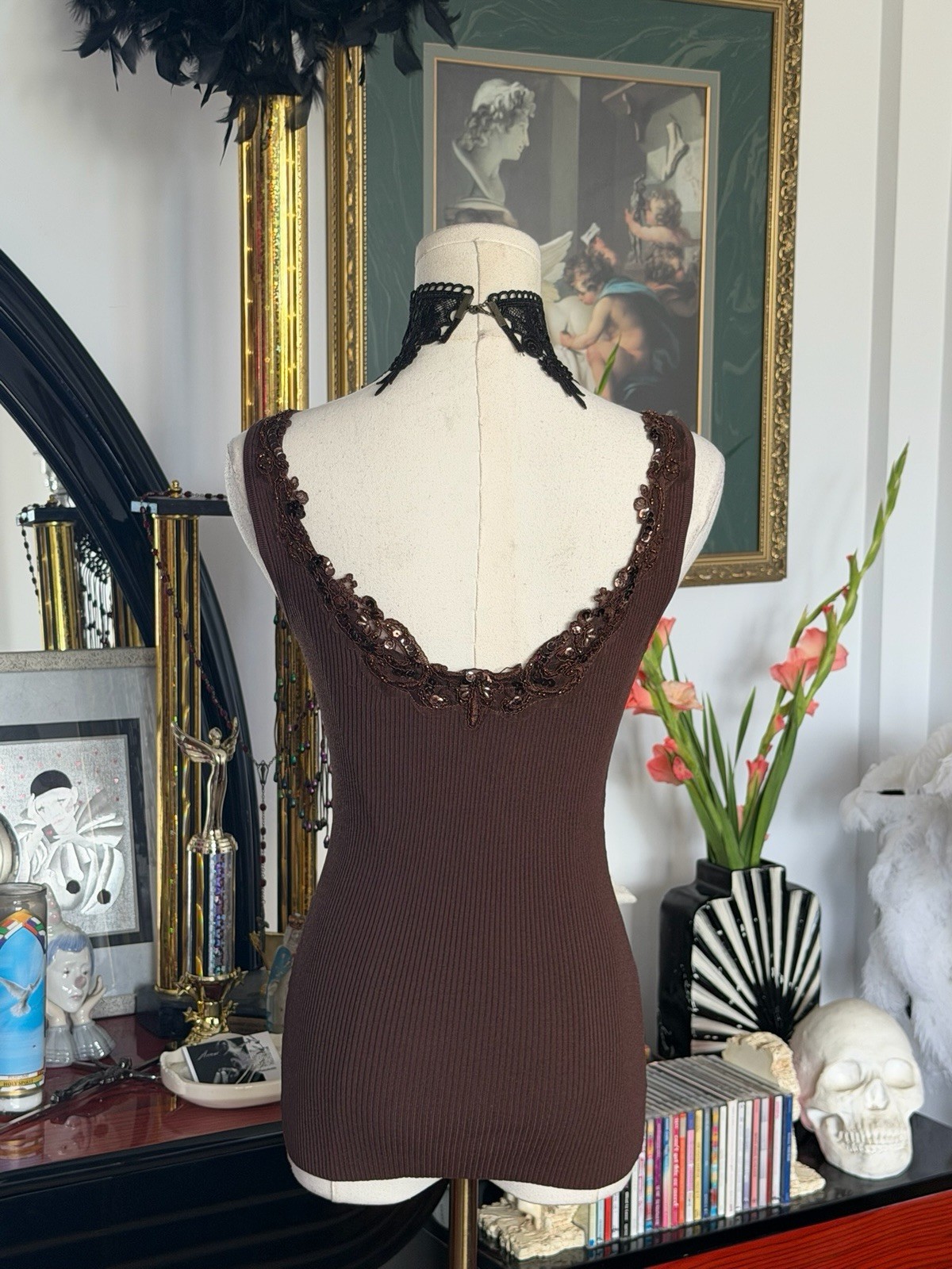 Caché Beaded Lace Illusion Knit Tank Top Brown Size S Stretch Y2K Gothic