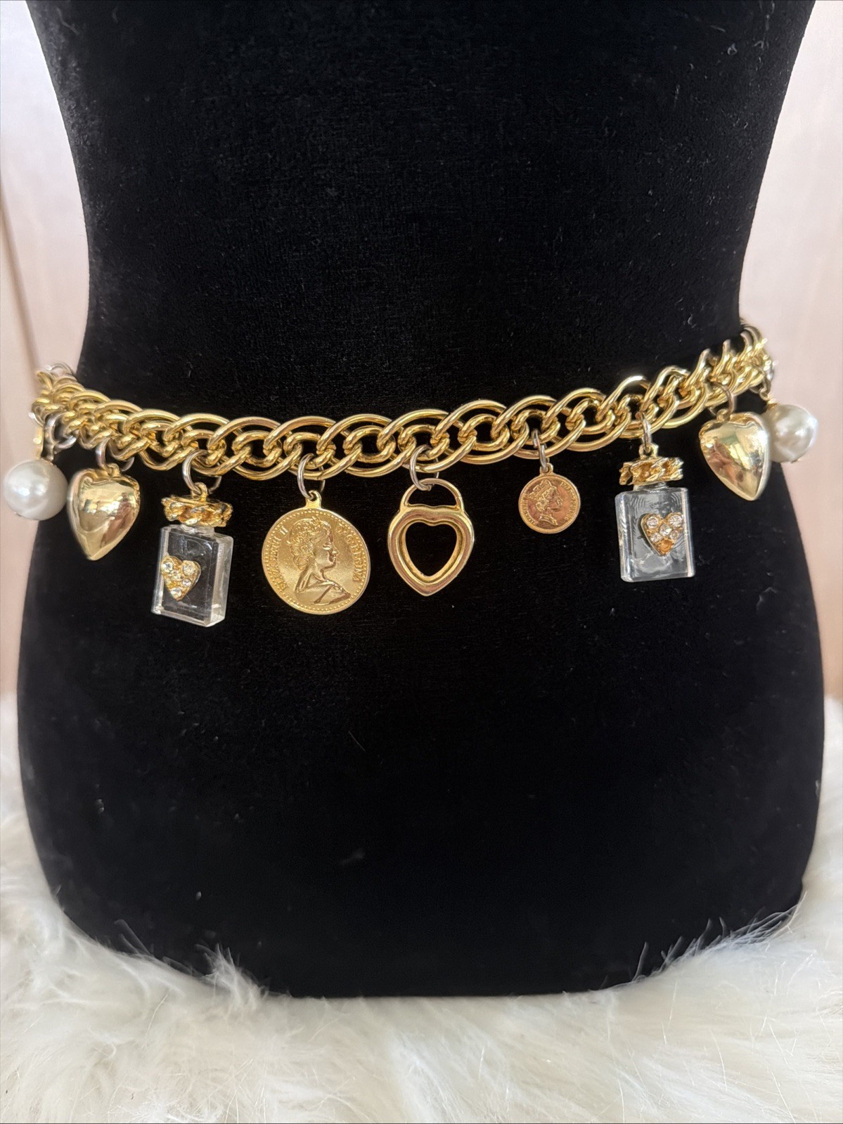 The Limited Vintage 90’s Gold Tone Charm Hearts Coins Perfume Chain Belt
