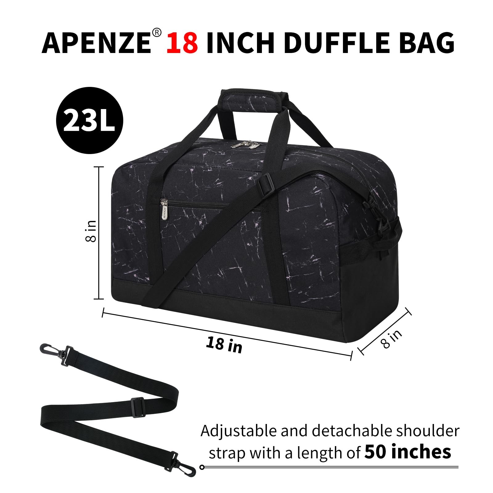 Small Gym Bag 18 inch Carry On Duffel Bag for Weekender Travel – Marble Black