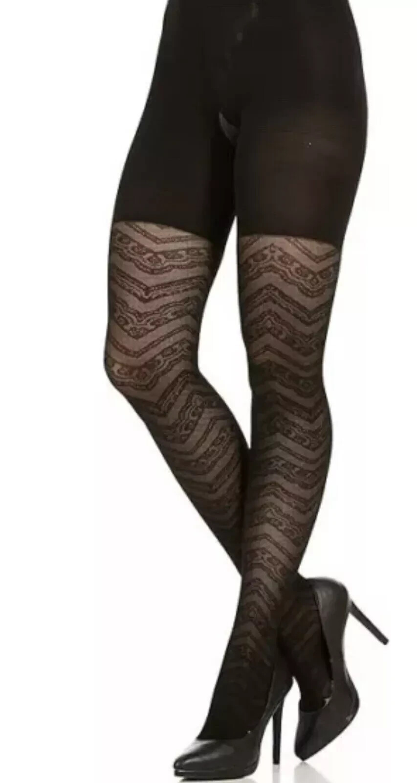 ASSETS SPANX Red Hot Label Women’s Black Textured Lace Zigzag Shaping Tights 4 D