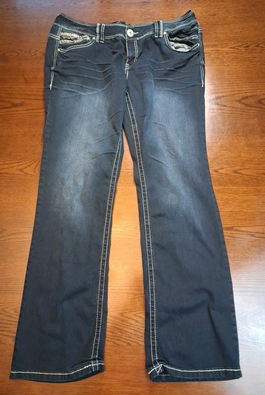 Amethyst Jeans Womens Size 16 Blue Taper Stretch Denim Embroidered Pockets