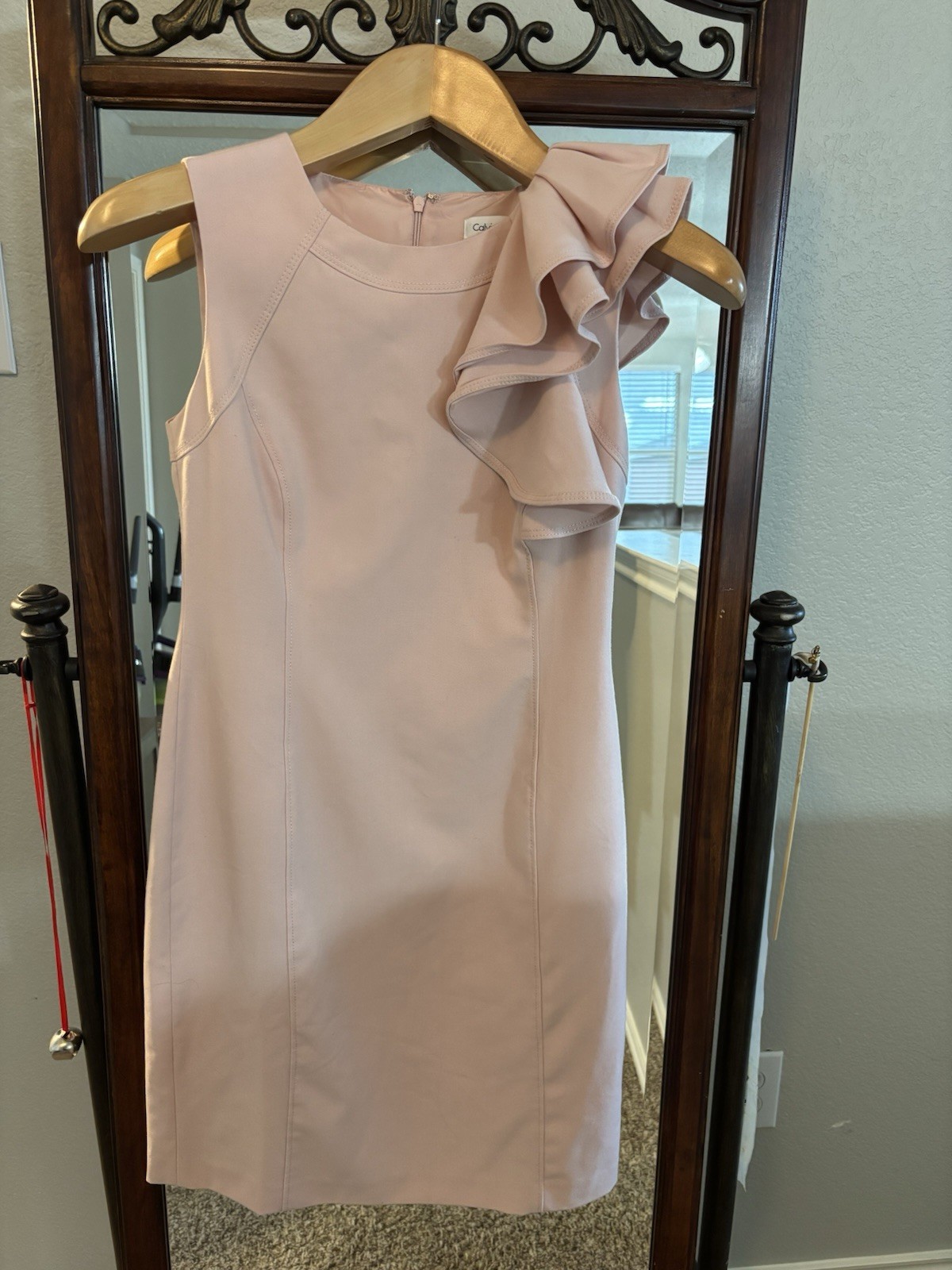 Calvin Klein Pink Solid Sheath Dress Ruffle Shoulder Sleeveless Knee 6P