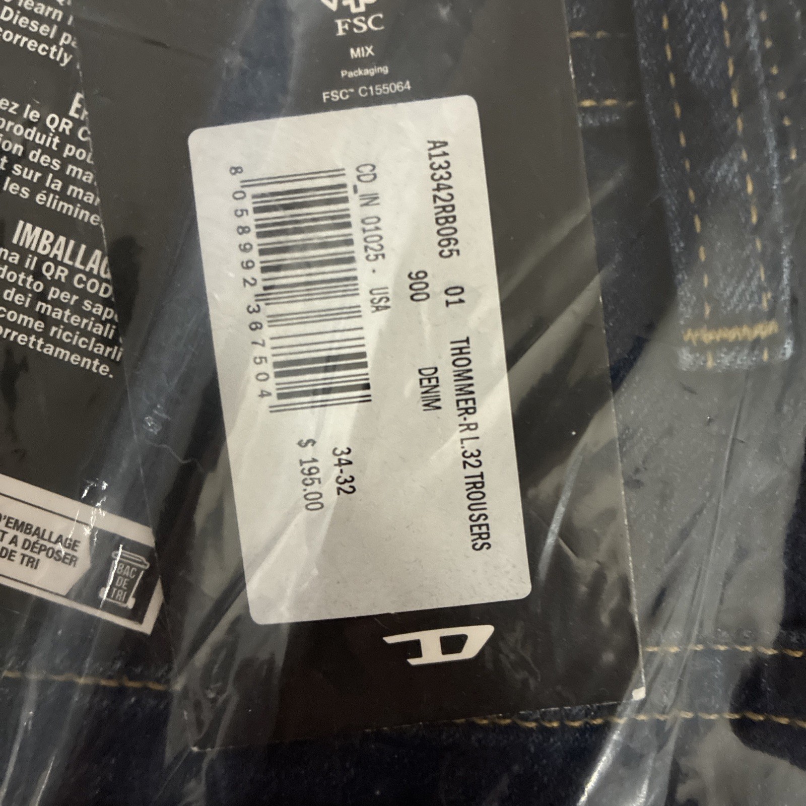 Diesel Thommer Slim Stretch Jeans – Thommer-R RB065 Dark Blue 34×32 NWT