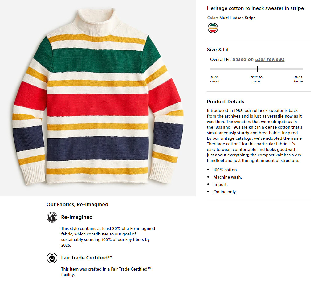 J.CREW roll neck sweater stripe white red green navy cotton chunky fisherman’s