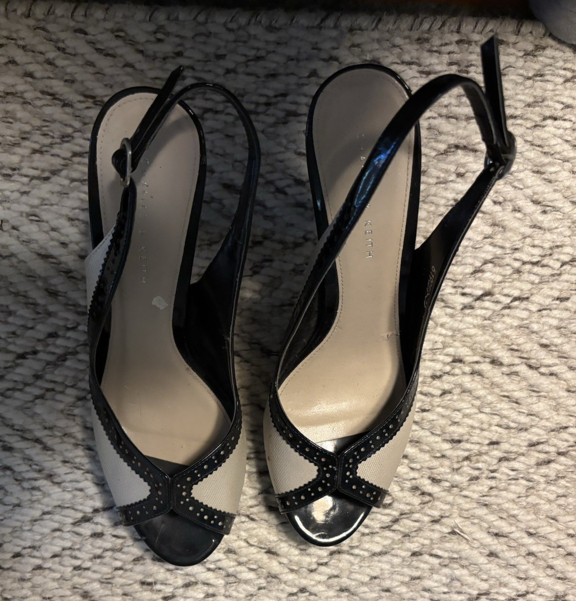 Charles & Keith Black/White Colorblock Peep Toe Slingback Ankle Strap 39