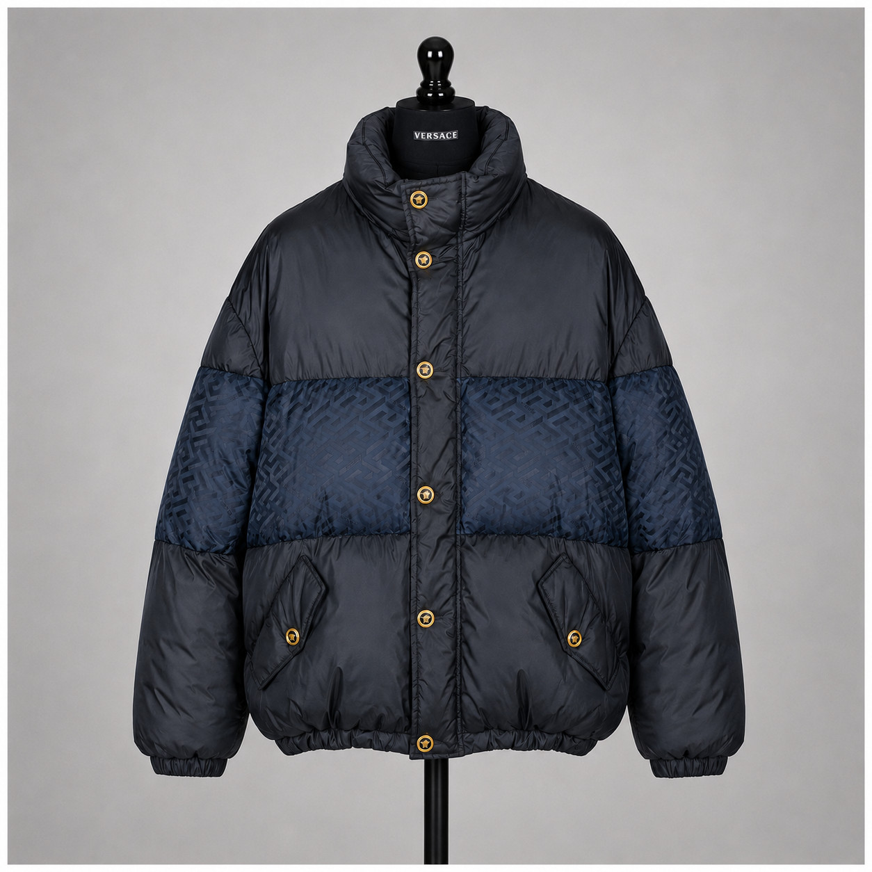 Versace La Greca Short Down Jacket | Midnight Blue | Italian Size 52 (US L/XL)