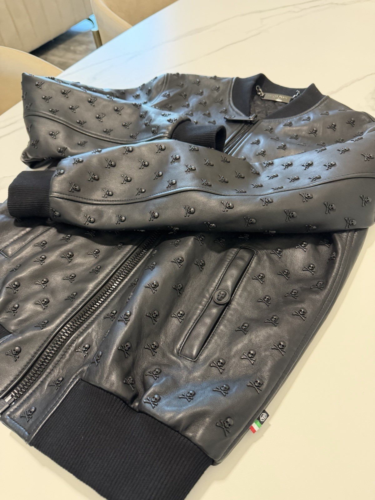 Philipp Plein Men’s Leather Bomber Jacket Black Skull Pattern Full Zip Size S