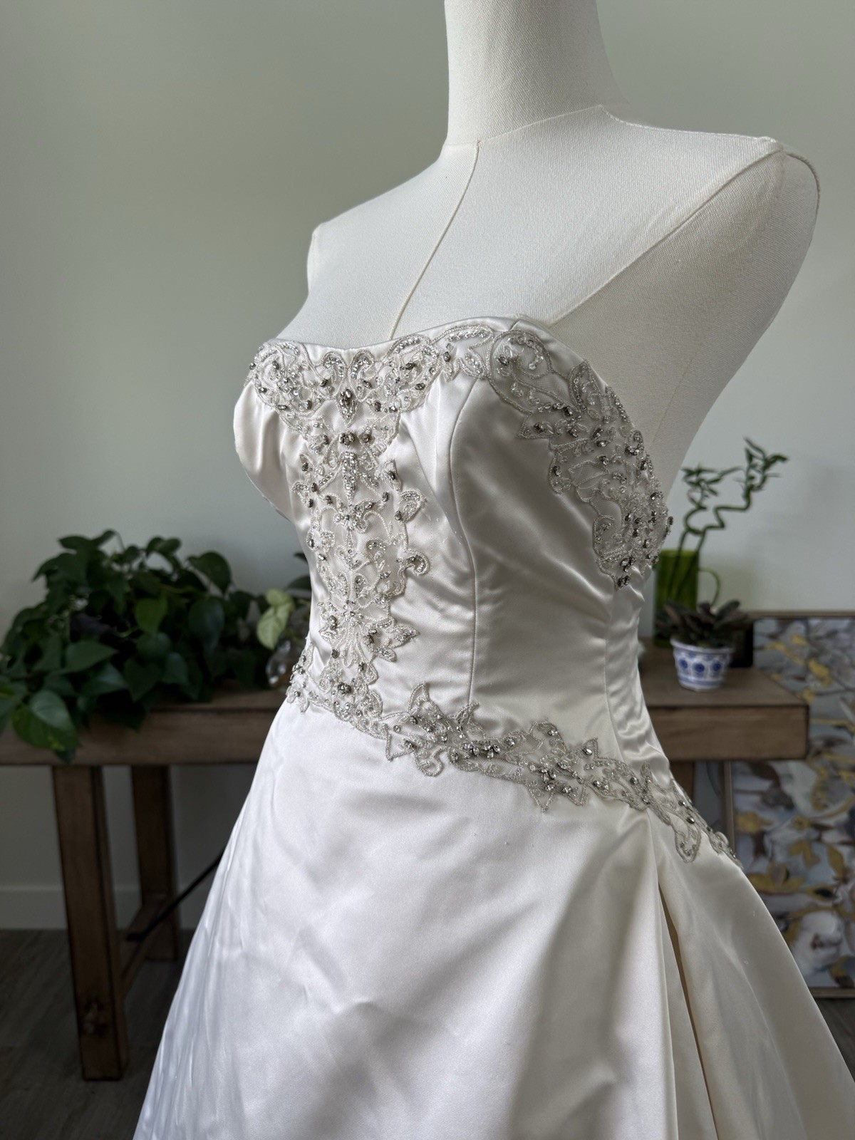 Kenneth Pool Strapless Beaded Satin Ball Gown Wedding Dress Corset Back Train