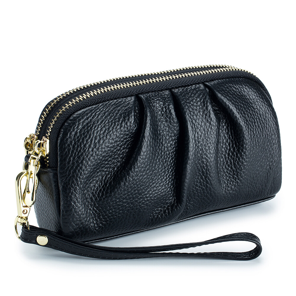 Women Clutch Evening Bag Elegant Ruched Leather Detachable Wristlet Strap Wallet