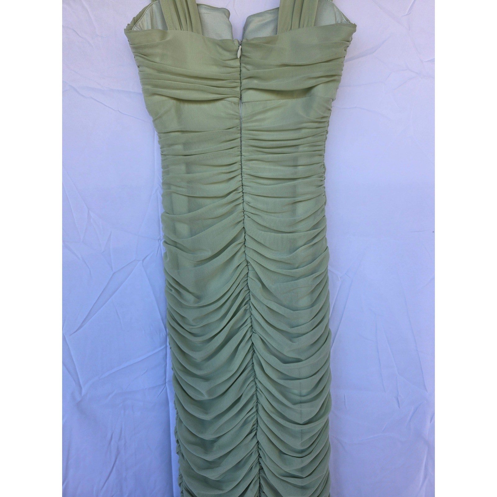 Hello Molly Sage Green Ruched Mesh Dress V-Wire Mermaid Hem Formal Gown NWT XS
