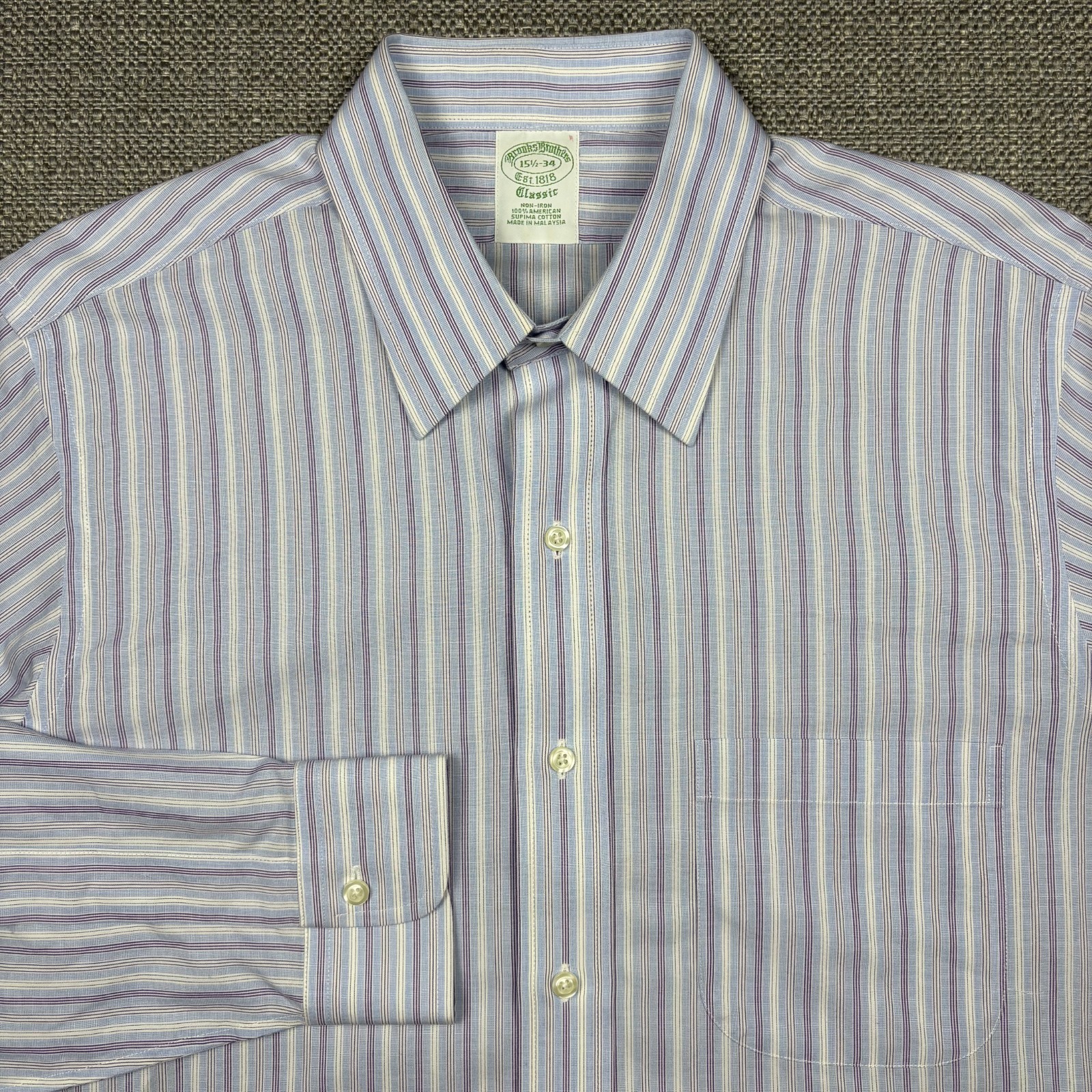 Brooks Brothers Men’s Shirt 15 1/2 15.5 34 Long Sleeve White Blue Purple Striped