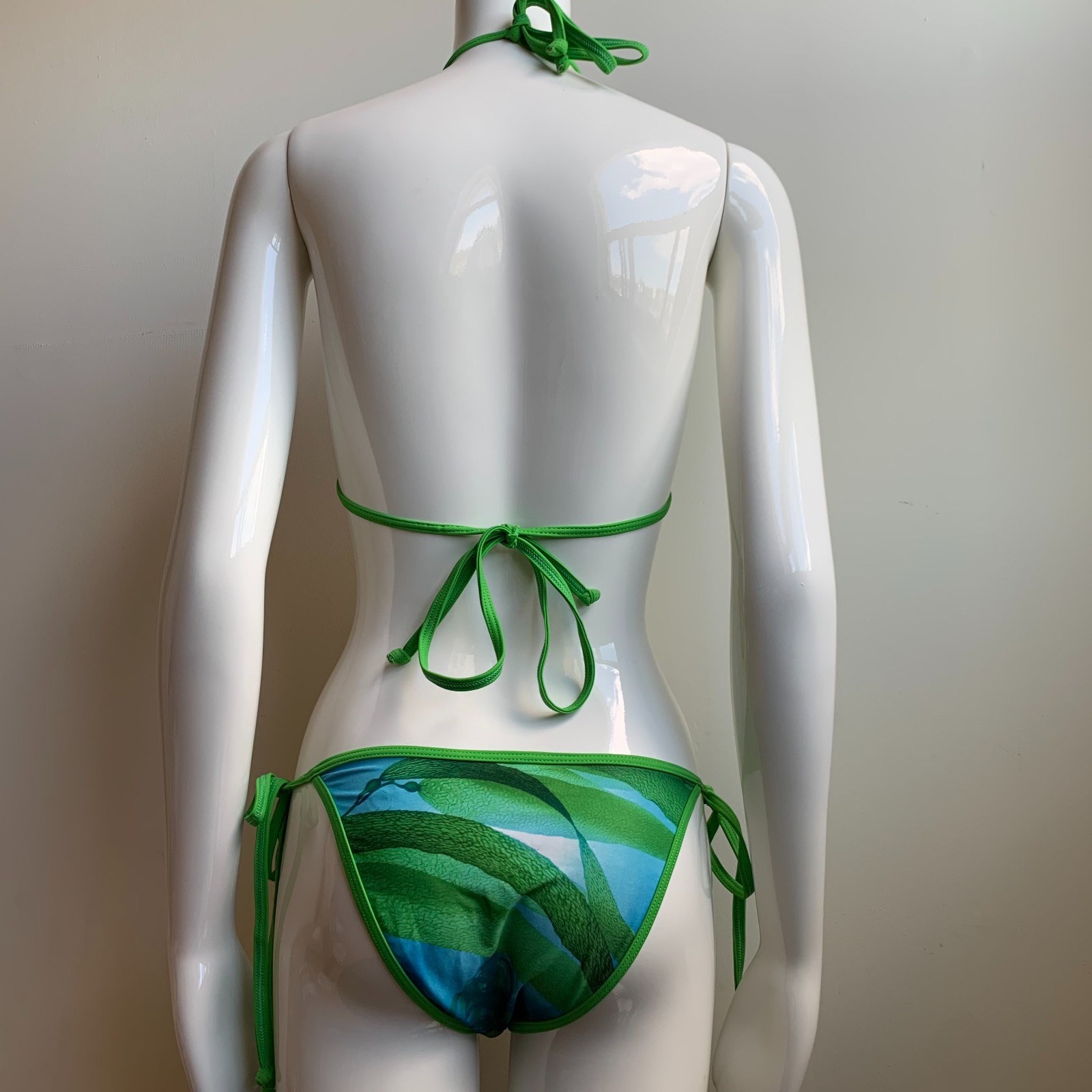 Aaron Chang Vintage Green reversible aqua triangle top tie side Bikini XS