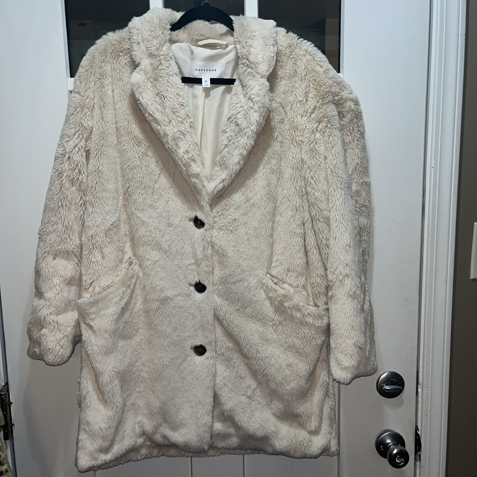 Popsugar Plush Teddy Coat Women’s Size M IVORY Soft Faux Fur Oversized Boxy