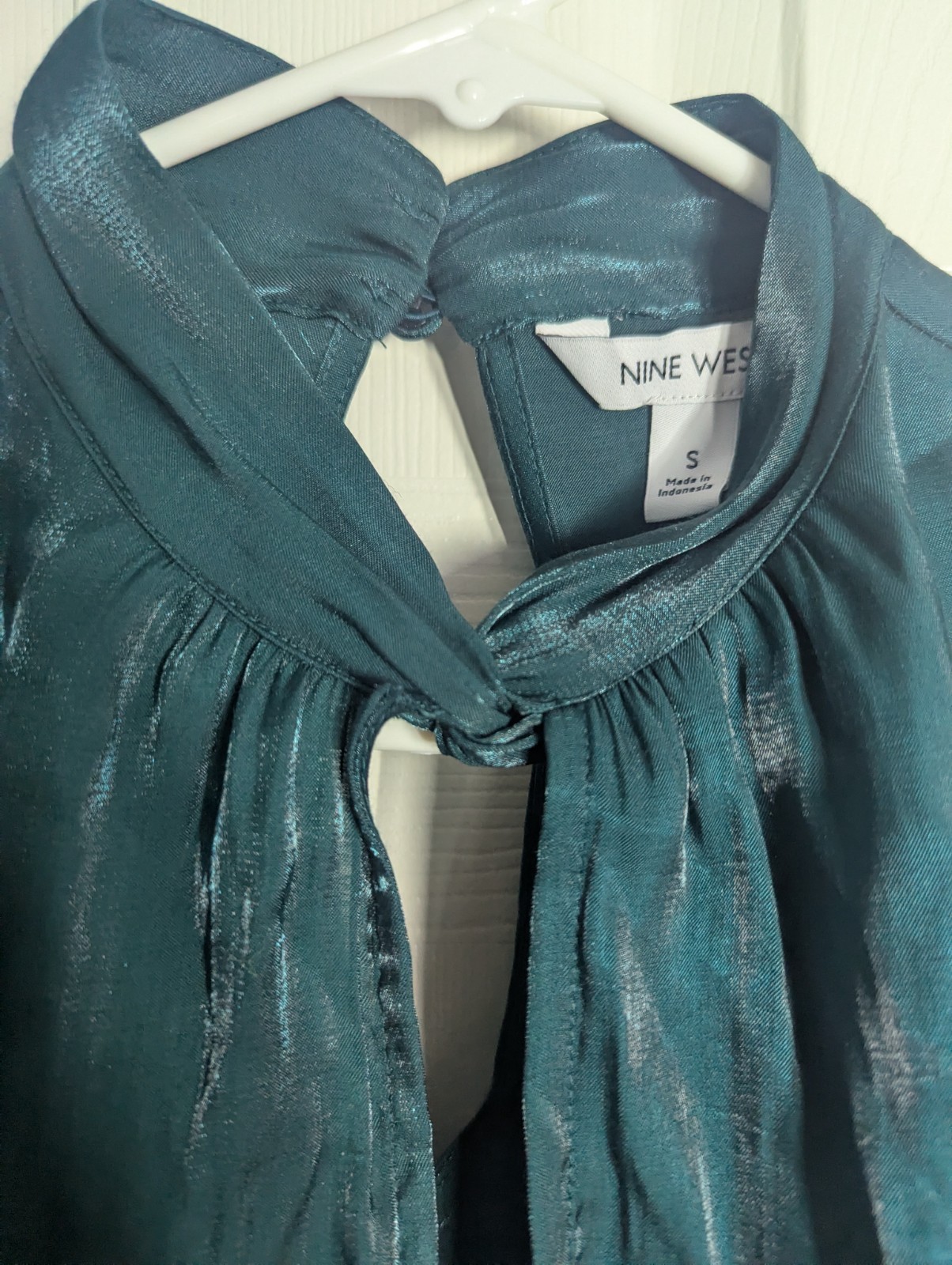 Nine West Blouse Women’s S Teal Metallic Shimmer Long Sleeve Keyhole Mock Neck