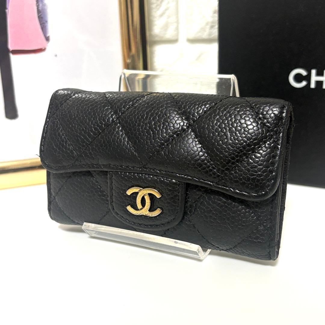 CHANEL Matelasse Caviar Skin 6 Ring Key Case Holder Black Logo CC Authentic
