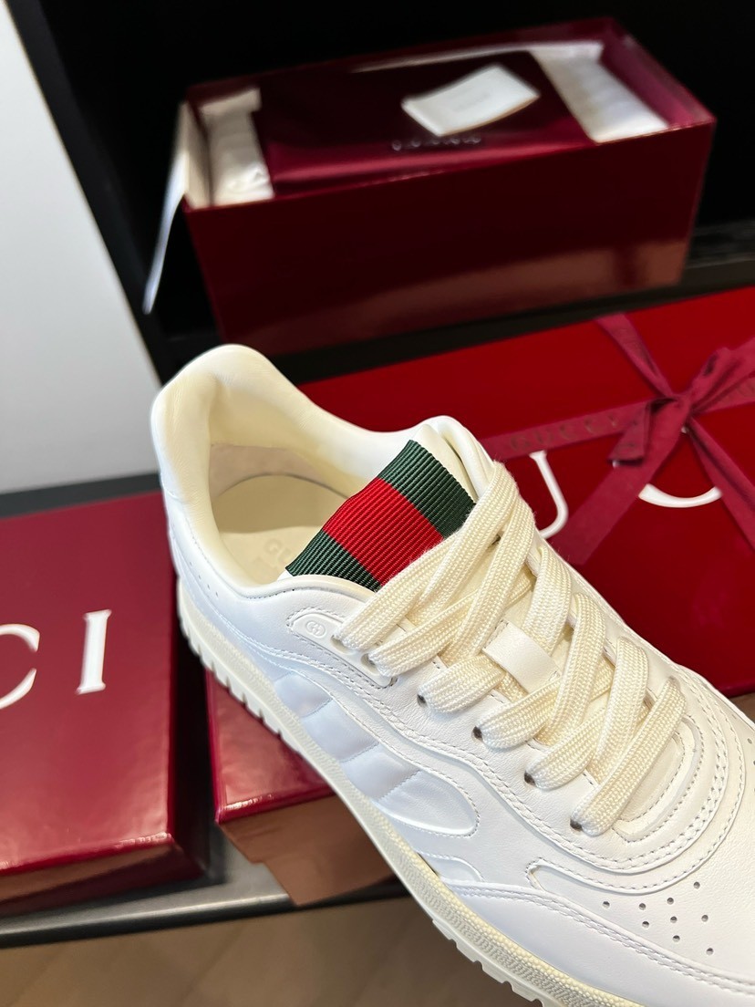 Gucci Men US11.5 White Leather Low Top Sneakers Web Stripe Vintage Thick Sole