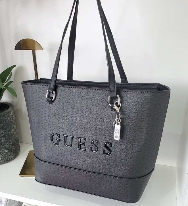 GUESS Black & Gray Monogram Tote Shoulder Bag Zip Top Logo Charm