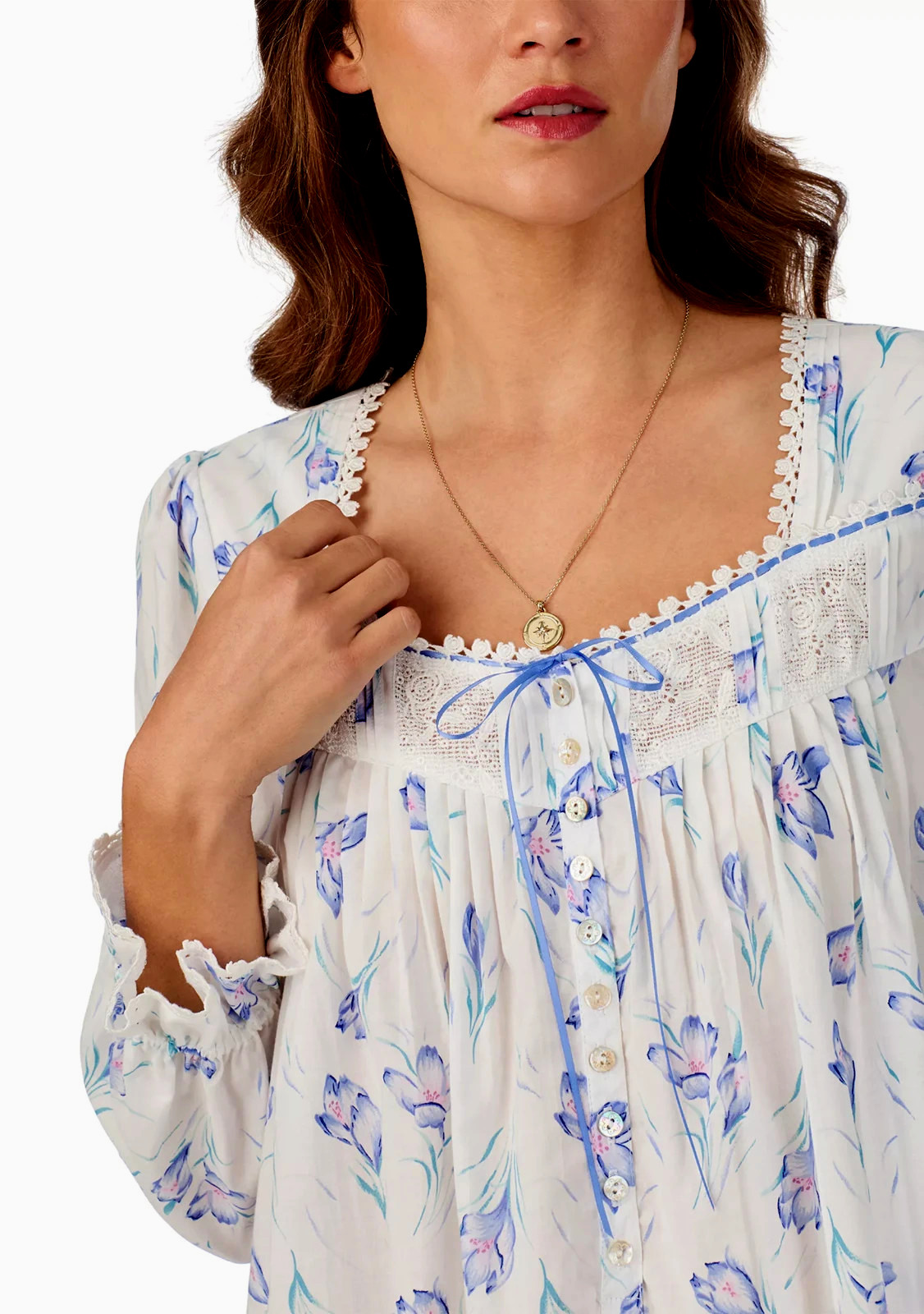 Eileen West Blue Multi Floral Long Sleeve 100% Cotton Lawn Ballet Nightgown XL