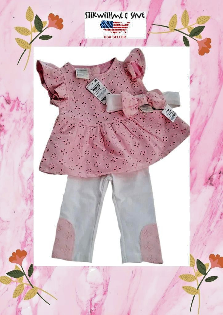 3 Piece SET Fancy Eyelet Embroidered Top, Leggings, Bow Headband 6-9 mos NEW Tag