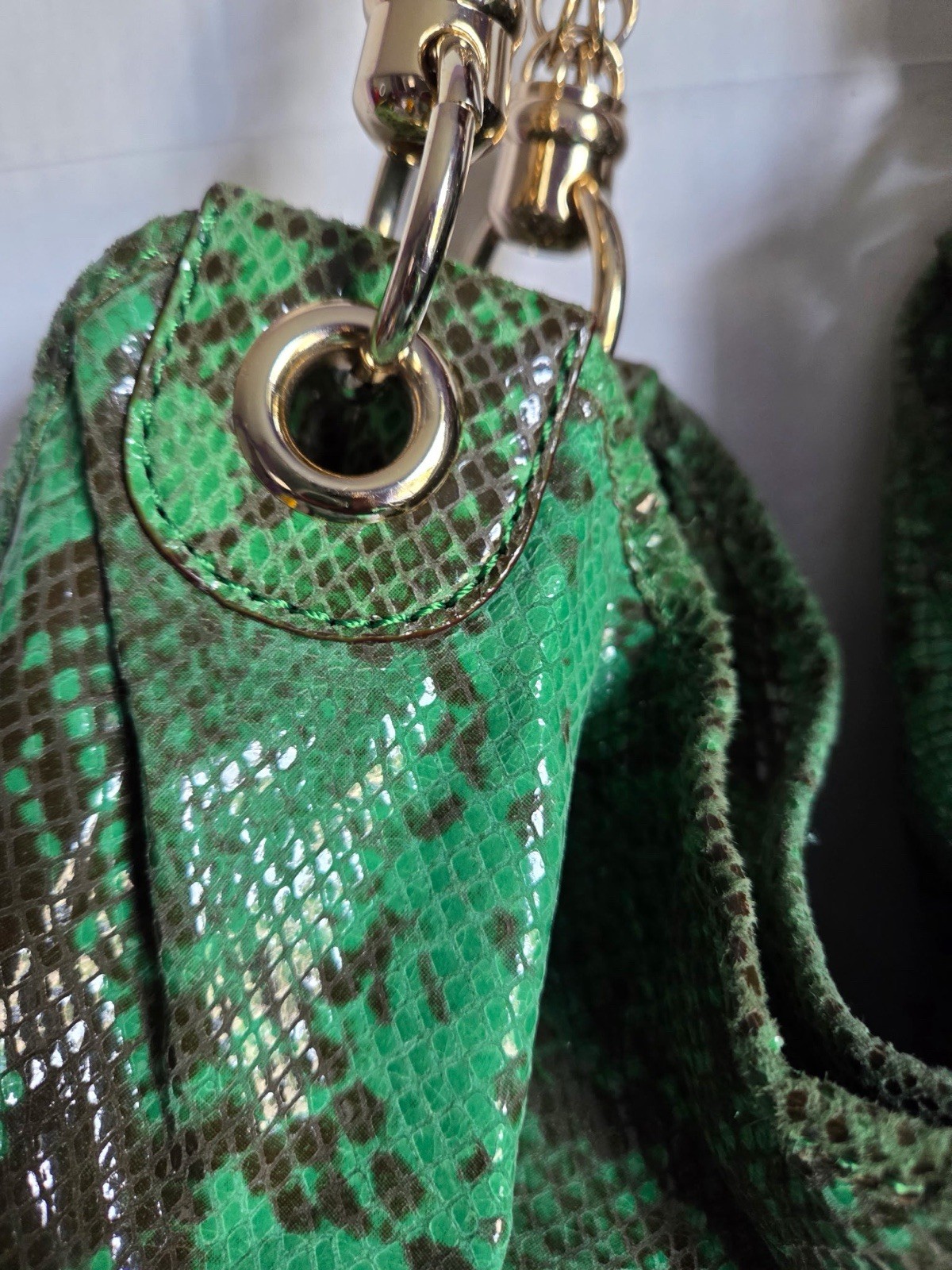 Antonio Melani Green Snake Print Leather Hobo Shoulder Bag Gold Chain Large