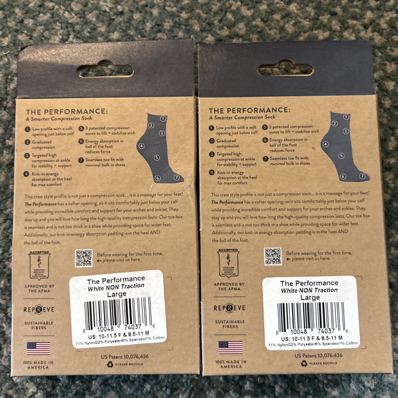 Apolla Performance Crew White Non Traction Socks Large US 10-11.5 F & 8.5-11 M