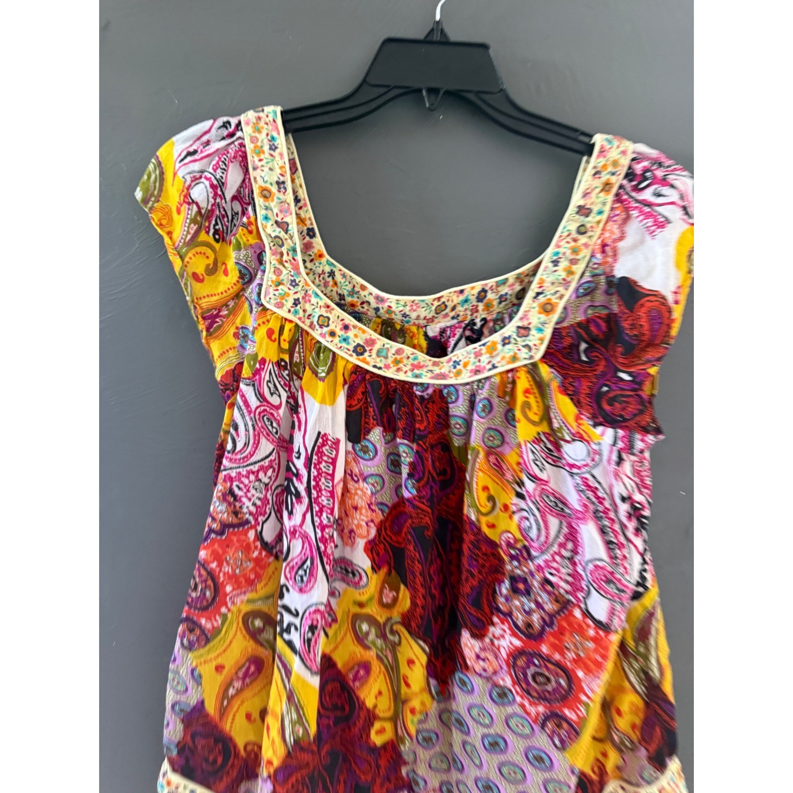 Bohemian Paisley Patchwork Print Square Neck Top Multicolor Short Sleeve Summer