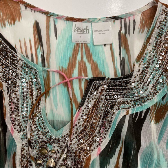Beach Inc Boho Beaded Sheer Top Swim Cover Up Resort Wear Tan Turquoise Vacay S