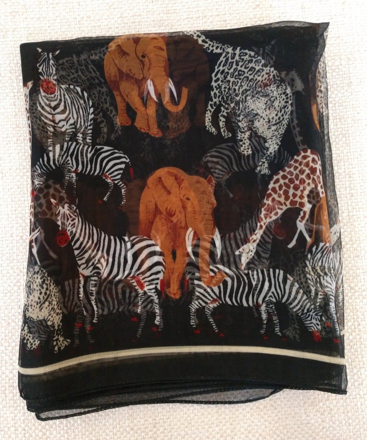 Long African Elephant Zebra Giraffe Leopard Scarf Black 20 x 64 inches